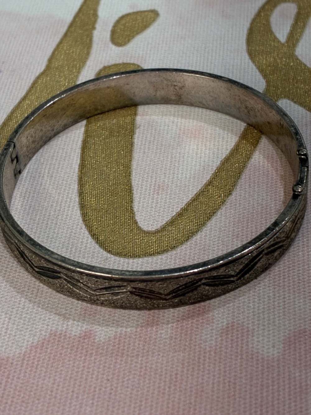 Etched Silver-Tone Hinged Bangle Bracelet
